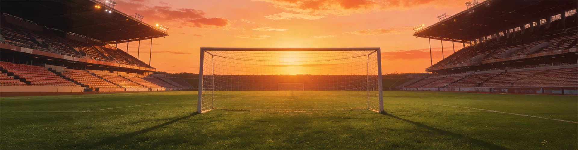 Field goal in soccer stadium captured during sunset.