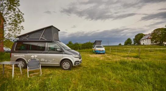 two roadsurfer vans standing on a meadow
