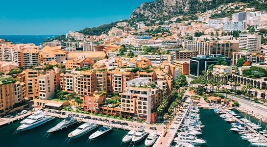 View over the marina in Monaco. In the foreground you can see some yachts standing on the shore. Directly behind them are palm trees and tall buildings. The sea and a mountain can be seen in the background.