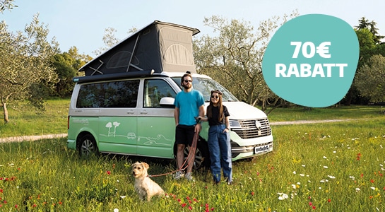 Couple with a dog in front of a camper van in spring