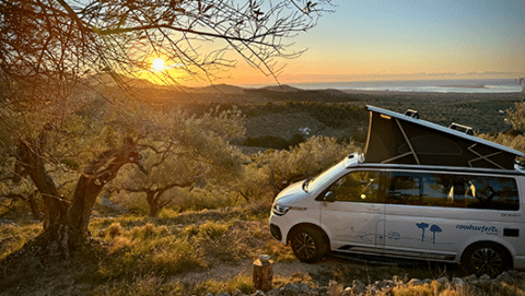 A white roadsurfer campervan standing with open roof on a mountain in front of a almond tree looking into the sunset over the sea.