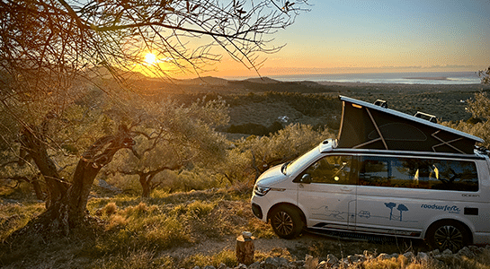 A white roadsurfer campervan standing with open roof on a mountain in front of a almond tree looking into the sunset over the sea.