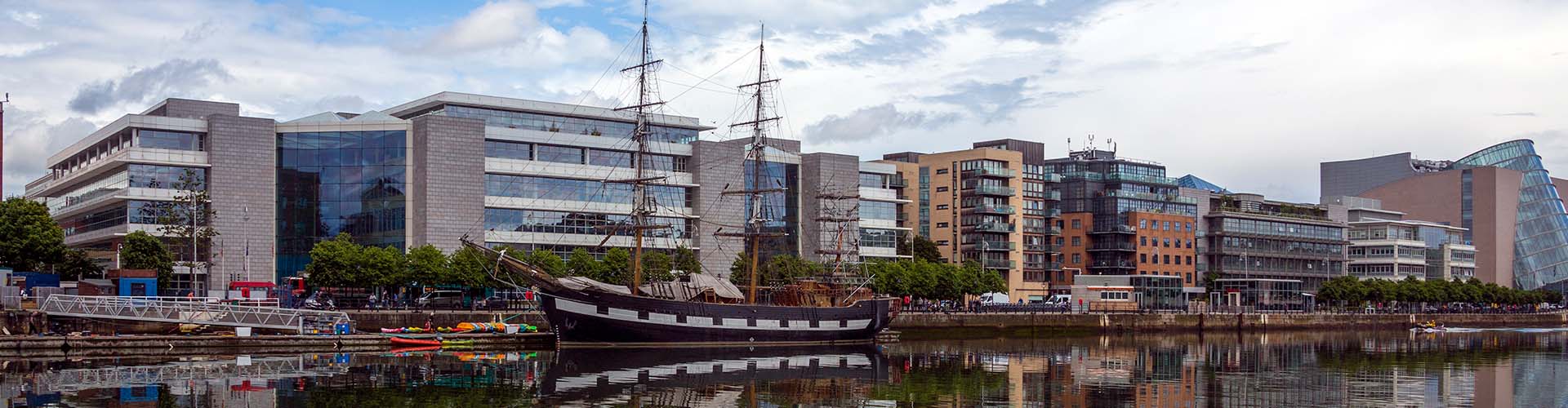 Big sailing boat on the river liffey at the Dublin waterfront in Ireland