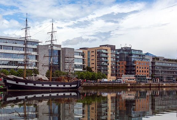 Big sailing boat on the river liffey at the Dublin waterfront in Ireland