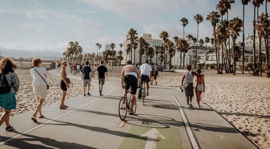 Cyclists and walkers on the beachfront path lined with palms in Santa Monica—things to do in California with kids.