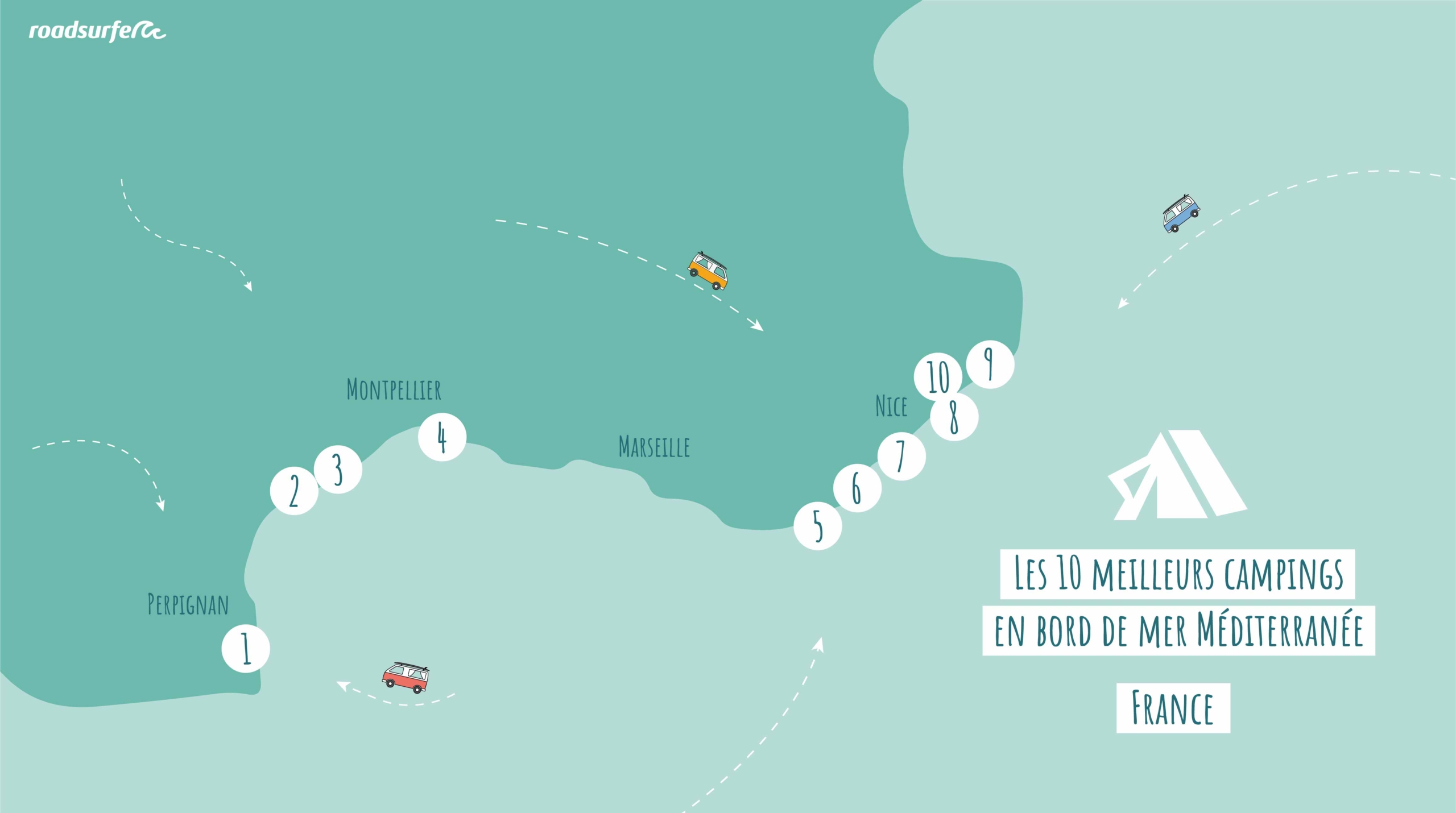 Carte roadsurfer : Campings bord de mer Méditerranée