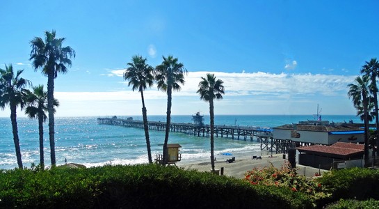View of Trestles surf break in San Clemente with the pier and palm trees, one of the best surfing spots in California