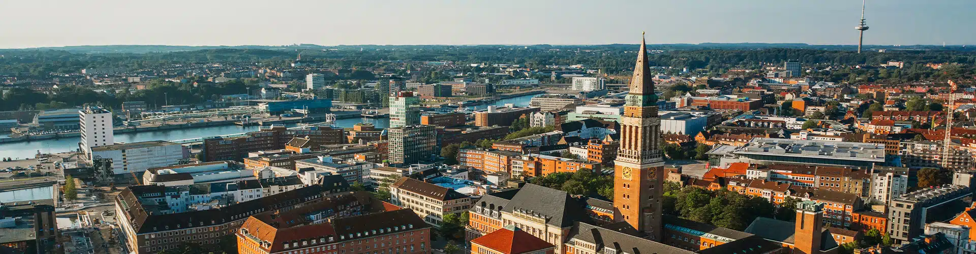 Bird view over the city of Kiel in Germany, showing the old town and river.