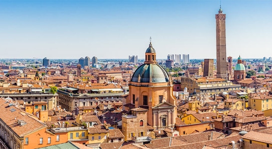 View over the roods of the medieval city of Bologna in Italy