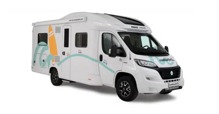 White Knaus Sky Wave 650 semi-integrated RV motorhome from roadsurfer partial front/side view