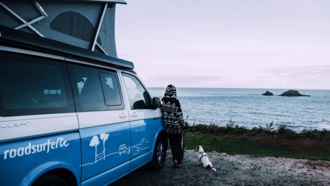 woman and her dog next to a camper van