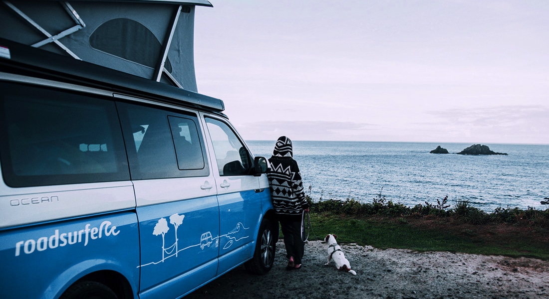 woman and her dog next to a camper van