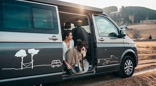 woman with dog in a greay camper van