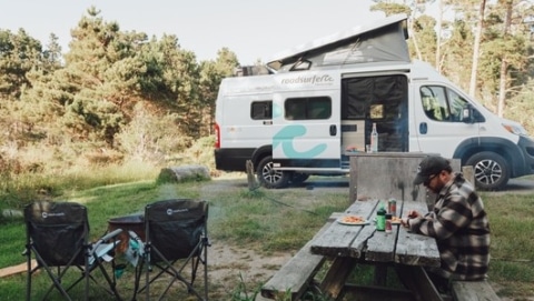 Man eating at a picnic table beside his camper van in a wooded campsite, capturing the relaxed experience of camping near San Francisco at Marin Park