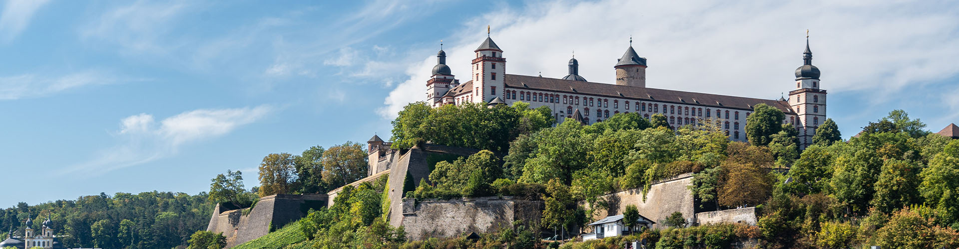 Würzburg castle on a hill covered by trees photographed on a sunny day.