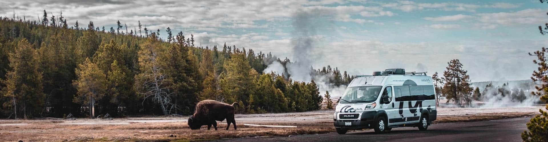 RV and bison near steaming geysers in Yellowstone National Park on Salt Lake City to Yellowstone road trip