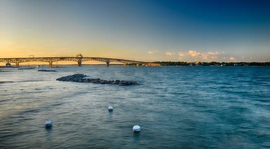 View of the York River and Coleman Bridge at Yorktown, Virginia, a highlight on an East Coast RV road trip